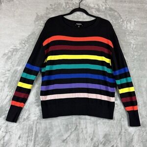 Express Crewneck Sweater Women's M Black w/ Rainbow Stripe Cotton Blend